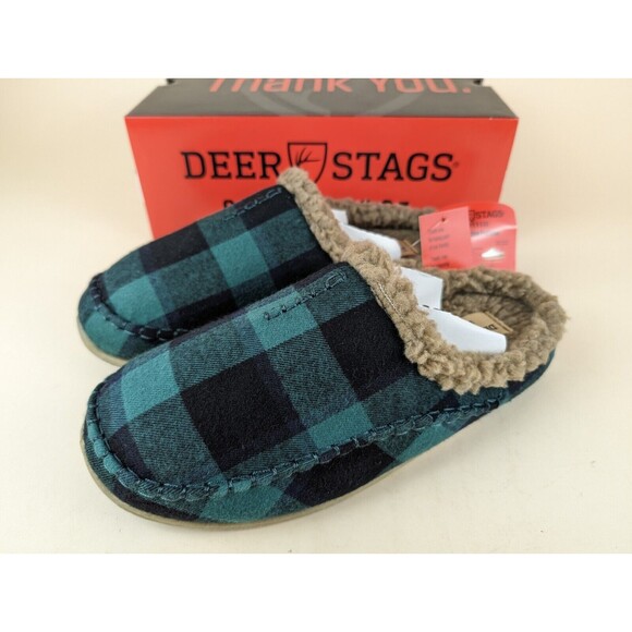 Deer Stags Slipperooz Nordic Slipper Mens 9 Green Black Plaid Faux Fur Shoes NWB - Picture 3 of 10